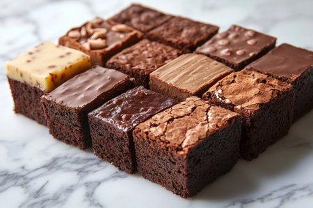 Variety of freshly baked brownies with various toppings sitting on a marble countertopの素材