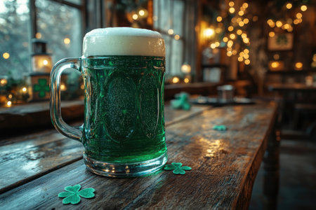 Glass of green beer sitting on wooden table in pub, celebrating saint patrick's day with shamrocks and festive lightsの素材