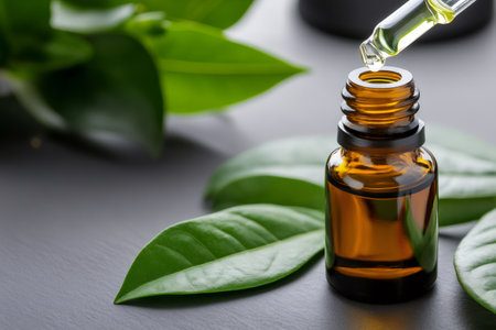 Essential oil dripping from a pipette into a brown glass bottle, surrounded by lush green leaves, creating a natural and aromatic spa like settingの素材