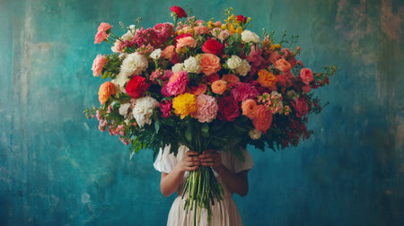 Woman holding a huge bouquet of colorful flowers in front of her face against a textured teal backgroundの素材