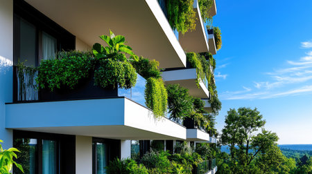 Modern apartment building featuring lush green balconies and promoting eco-friendly urban livingの素材