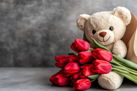 Bouquet of red tulips and a teddy bear, perfect gift for Valentine's Day or Mother's Dayの素材