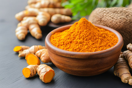 Wooden bowl containing turmeric powder and surrounded by fresh turmeric rhizomes on a dark backgroundの素材
