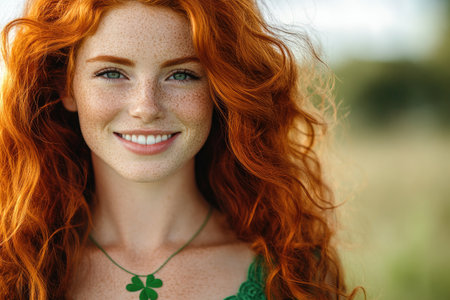 Portrait of a cheerful woman with vibrant red hair, freckles, and a shamrock necklace, celebrating Irish heritageの素材