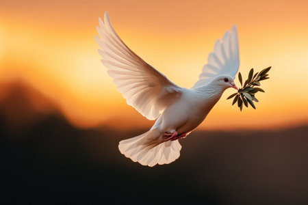 White dove flying at sunset carrying olive branch symbolizing peace and hopeの素材