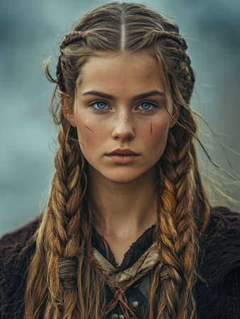 Portrait of a viking woman with braids and scars on her face, emanating strength and resilienceの素材