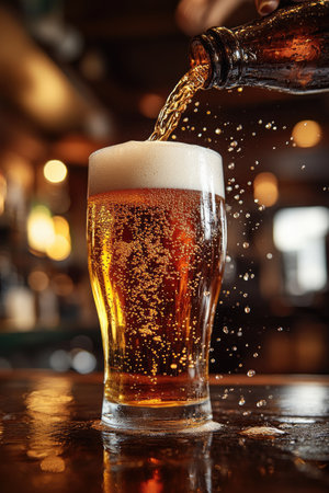 Golden beer is pouring from bottle into glass with foam on wooden bar counter in pubの素材