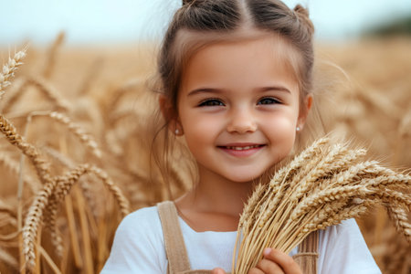 Happy child smiling and holding wheat in a golden field, enjoying the harvest seasonの素材