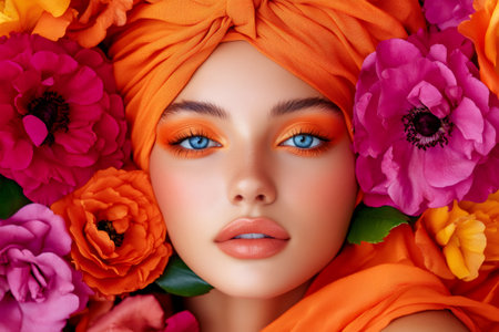 Beauty portrait of model wearing orange turban with matching makeup surrounded by colorful flowersの素材