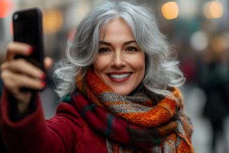 Happy mature woman taking selfie while enjoying winter day in the cityの素材