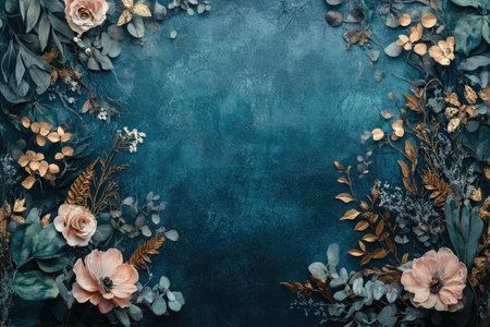 Gold and teal floral frame surrounding copy space on a teal textured background, creating an elegant and stylish designの素材