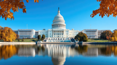 Us capitol building mirrored on the reflecting pool during a beautiful fall day in washington, dcの素材