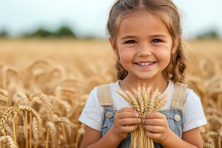 Happy child holding a bunch of ripe wheat, smiling in a large field of golden grainの素材