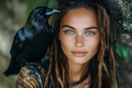 Shaman woman with dreadlocks and black raven on her shoulder in forest, connection with wildlifeの素材