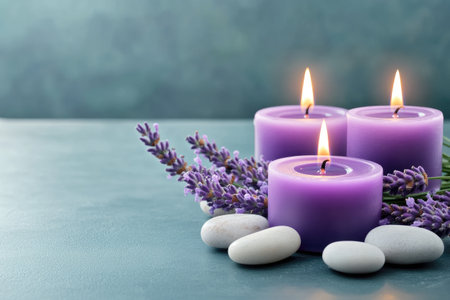 Relaxing and calming atmosphere created by burning purple candles and lavender flowers on a teal colored tableの素材