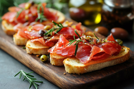 Tasty tapas with Iberian ham, olives and rosemary, garnished with olive oil, perfect for a Mediterranean appetizerの素材