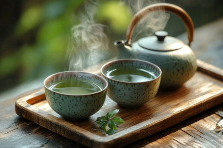 Traditional Asian tea ceremony featuring steaming green tea, promoting tranquility and mindfulnessの素材