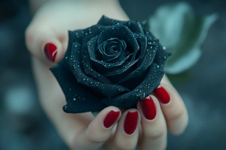 Woman's hands with red nail polish holding beautiful dark rose covered with water dropsの素材