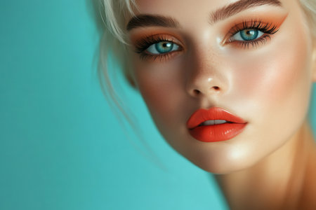 Close up beauty portrait of a young blonde model with orange makeup and turquoise eyes posing on a turquoise backgroundの素材