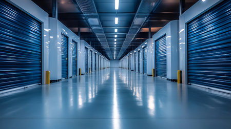 Rows of blue storage units create a perspective effect in a warehouseの素材