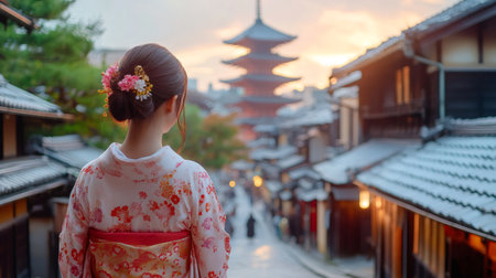 Woman wearing traditional Japanese kimono looking at hokan ji temple five story pagoda in Kyoto, Japanの素材