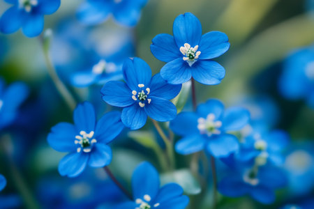 Close up of vibrant blue hepatica nobilis flowers blooming, signaling the arrival of spring in a peaceful garden settingの素材