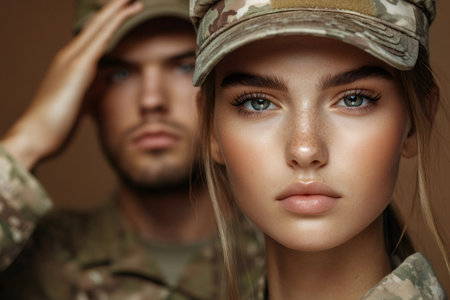 Close up of determined servicewoman with male colleague saluting, embodying strength and duty in military serviceの素材
