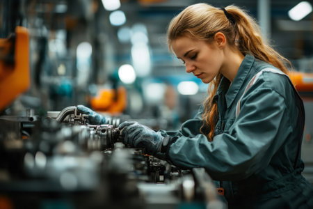 Young woman working on a machine in a factory, assembling parts and ensuring quality controlの素材
