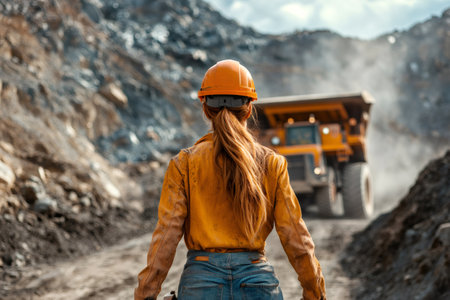 Female miner wearing orange hardhat walks towards dump truck in quarryの素材