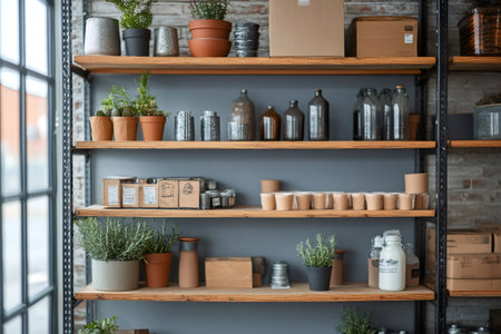 Various items are neatly arranged on wooden shelves against a blue wall, creating an organized and visually appealing displayの素材