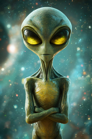 Green alien standing with arms crossed in front of a starry cosmic backgroundの素材