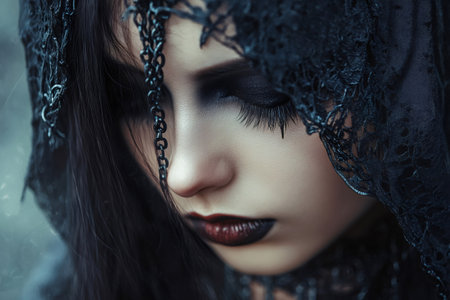 Close up of a gothic woman with dark makeup, wearing a black lace veil and metal chains, creating a mysterious and captivating atmosphereの素材