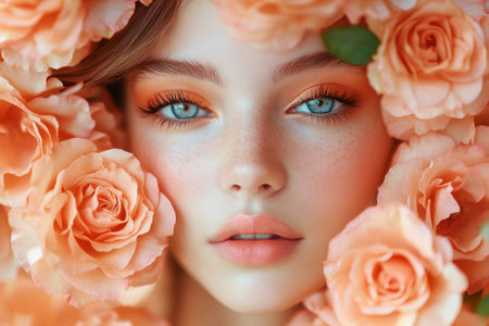 Close up beauty portrait of a beautiful young woman with coral makeup posing with rosesの素材