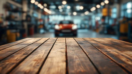 Wooden table providing ideal space for product placement in front of blurred auto repair shopの素材