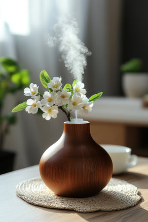Wooden electric aroma oil diffuser generating steam placed on a table in a home interior with white flowersの素材