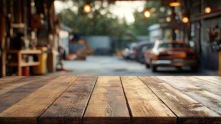 Empty wooden table and blurred auto repair shop background, displaying productsの素材