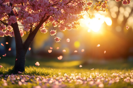 Pink petals falling from a cherry blossom tree at sunset during springtime, creating a magical atmosphereの素材