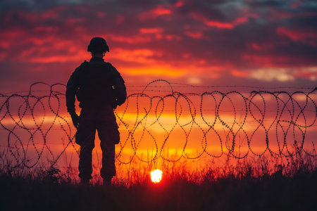 Silhouette of a soldier standing guard by a barbed wire fence against a vibrant sunset, symbolizing vigilance, protection, and the sacrifices of military personnelの素材