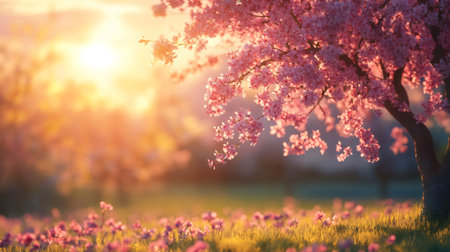 Pink blossoms on cherry tree branches over wildflower meadow at sunset creating a beautiful spring landscapeの素材