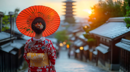 Geisha wearing traditional Japanese kimono with a red umbrella looking at Yasaka Pagoda in Kyoto at sunsetの素材