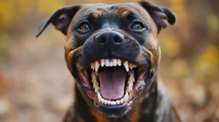 Portrait of a menacing dog baring its teeth in an autumnal settingの素材