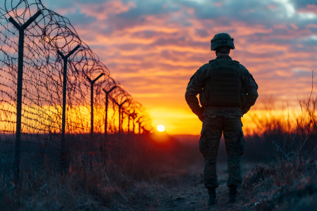 Soldier standing near border fence at sunset, symbolizing vigilance, protection, and defense of national bordersの素材