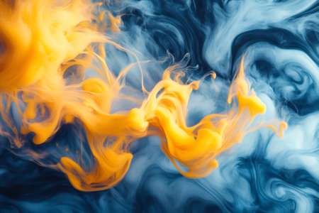 Yellow and blue ink are mixing in water, creating abstract smoke patterns on a dark backgroundの素材