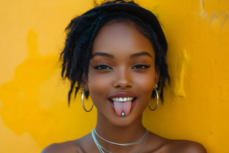 Fashionable young woman sticking out her tongue against a vibrant yellow wallの素材
