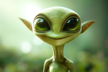 CGI render of a friendly green alien smiling and showing big green eyesの素材