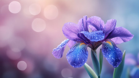 Vibrant blue iris flower with water drops blooming in spring, showcasing the beauty of natureの素材