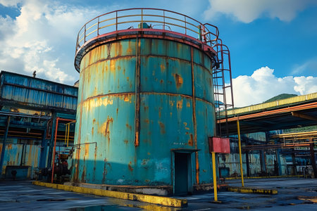 Rusty industrial tank stands tall against a cloudy sky, showcasing decay and resilience in an industrial settingの素材