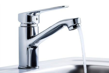 Stream of fresh water running from a chrome faucet into a stainless steel sink, promoting water conservation and modern kitchen designの素材
