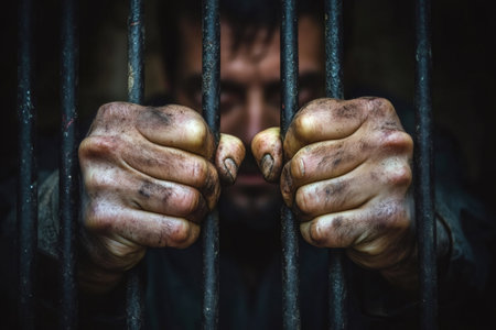 Prisoner gripping rusty jail bars with dirty hands, depicting concepts of imprisonment, punishment, and captivityの素材