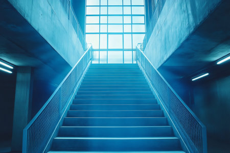 Empty staircase leading to a large window in a modern concrete building, bathed in blue lightの素材